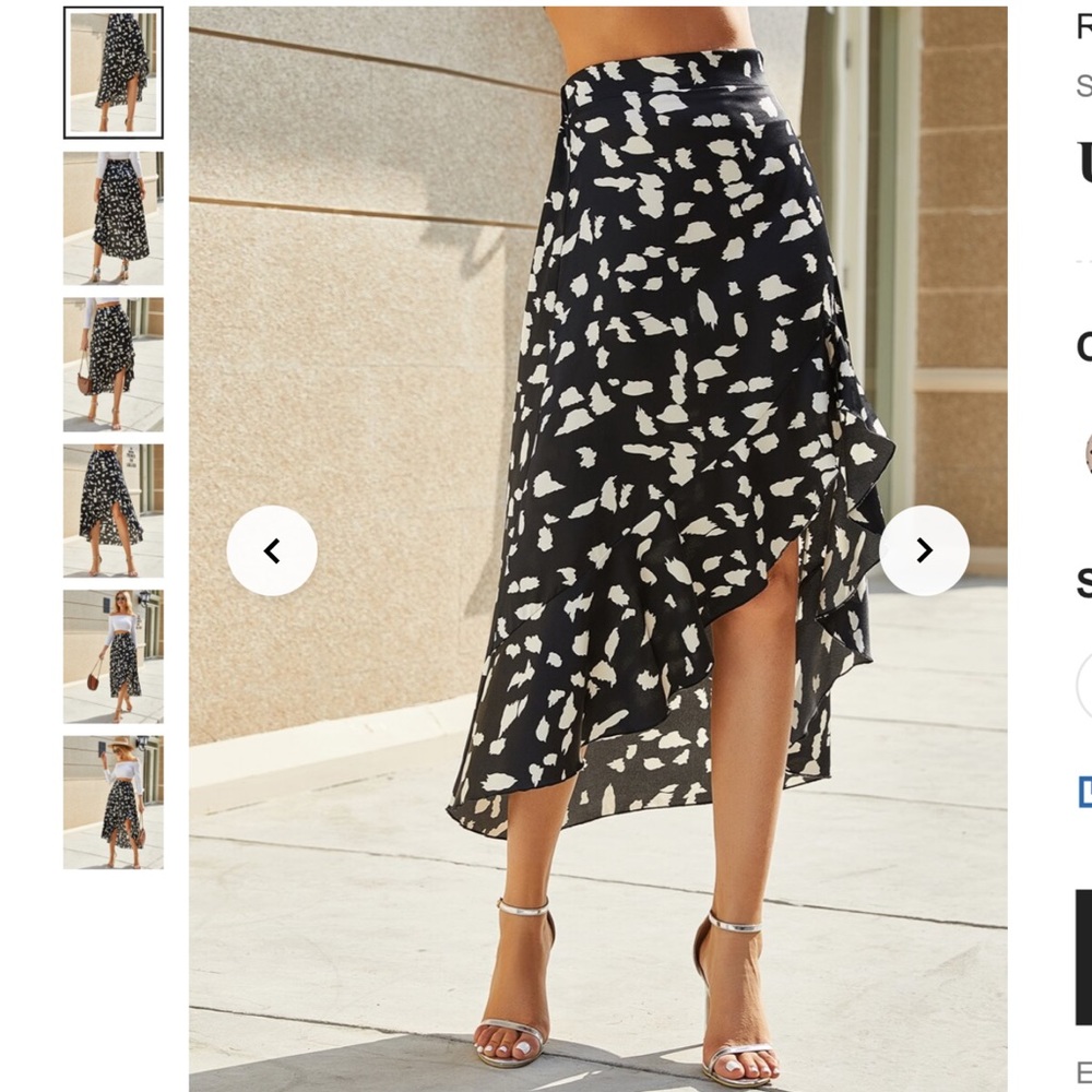 High-Low Split, Ruffle Hem Print Asymmetrical Midi Skirt, Size L